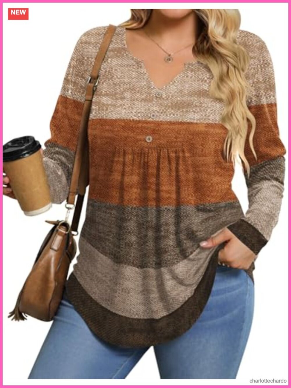 Women's Plus Size Long Sleeve Tunic Top V-Neck Button Blouse Stretchy Polyester